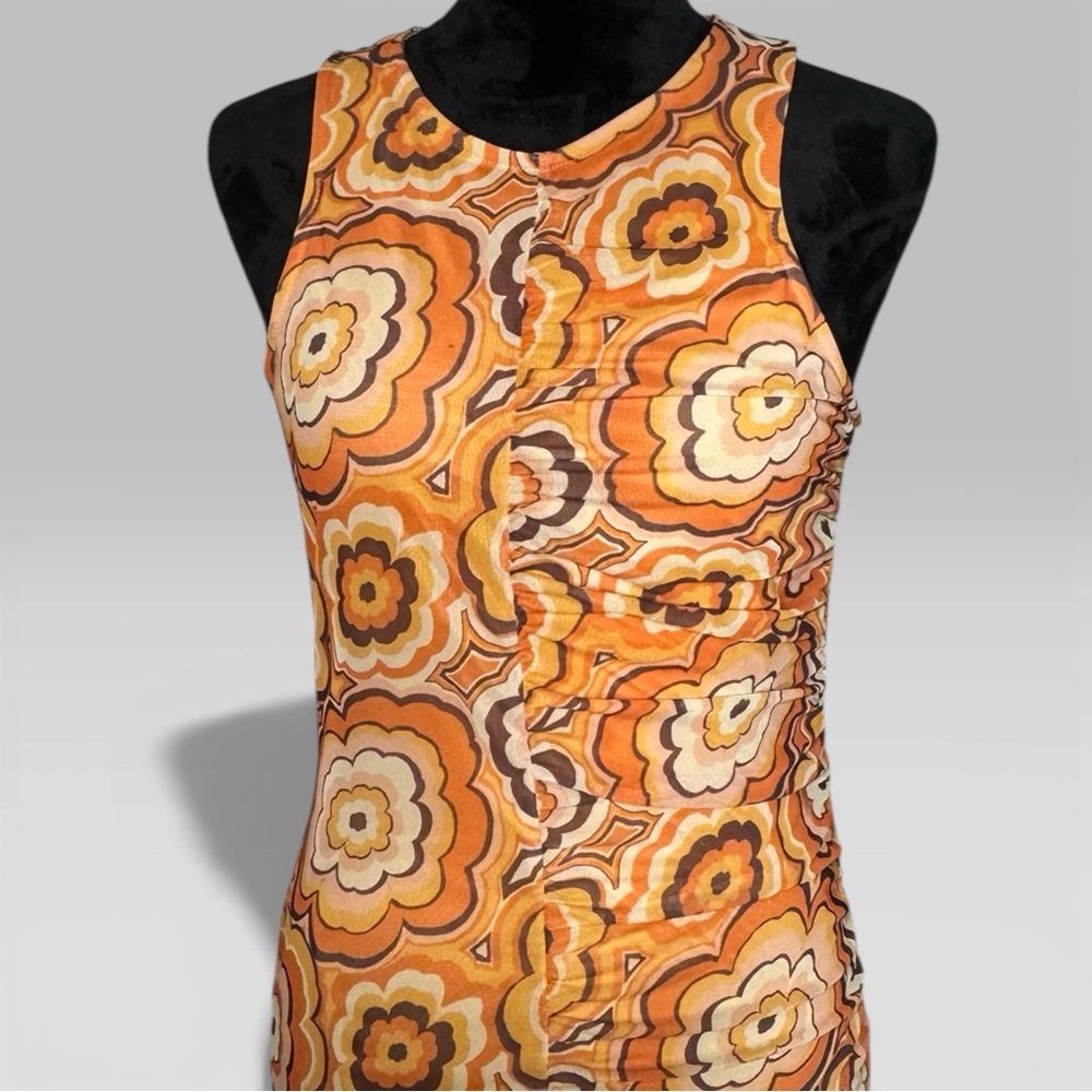 Neon Rose racer midi dress with ruched front seam in 70s floral mesh-Multi NWT - Picture 5 of 7